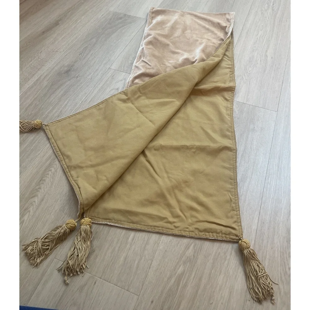 Vintage Crushed Velvet Gold Embroidered Table Runner Tassels 72X13